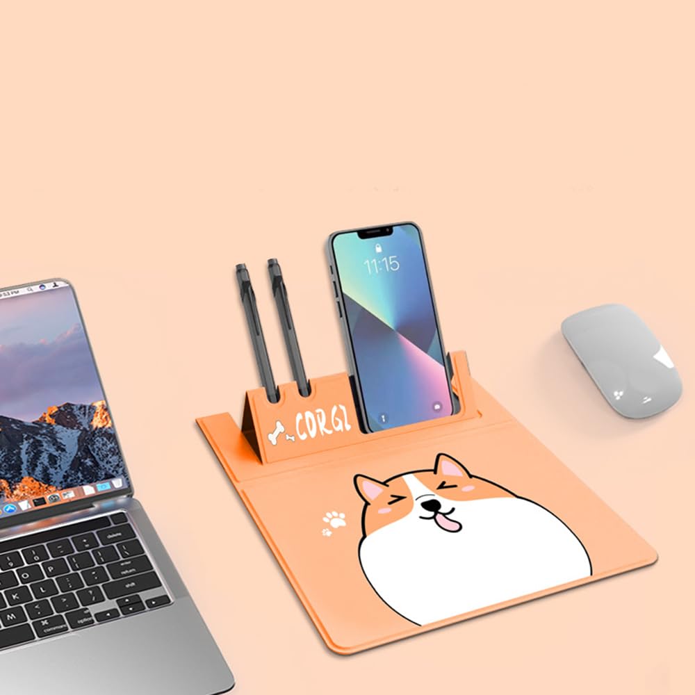 Коврик для мыши со смартфоном Милый Корги ПУ Ручка Стильный дизайн Корги Подставка, Складной, Узор, Кожа, Многофункциональный, Для офиса/дома, Держатель, Тонкий,