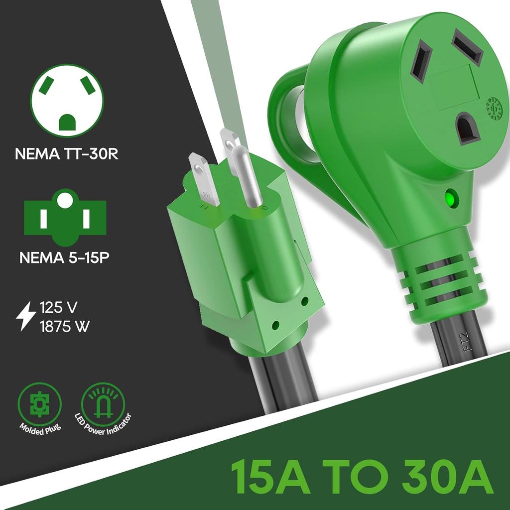 RVGUARD 30 Amp To 110 Volt RV Adapter Cord 12 Inch, NEMA 5-15P To NEMA TT-30R Electrical Power Adapter With LED Power Indicator, Green, ETL Listed
