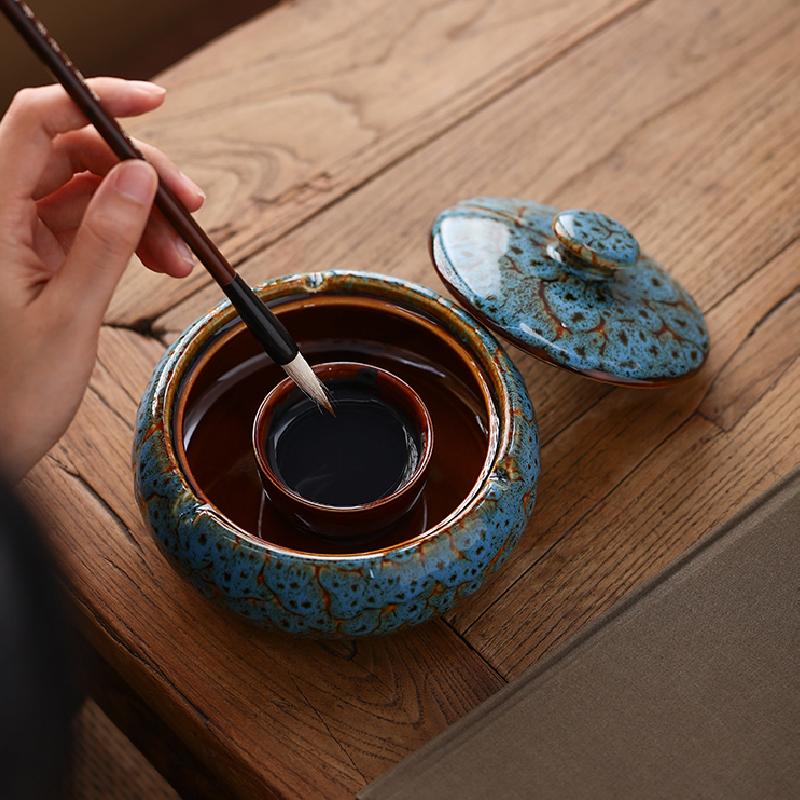 Round Ceramic Ashtray Kiln Ash Storage Box Desktop Decorative Ornaments Covered Ceramic Ashtray Modern Decorative Home Ashtray