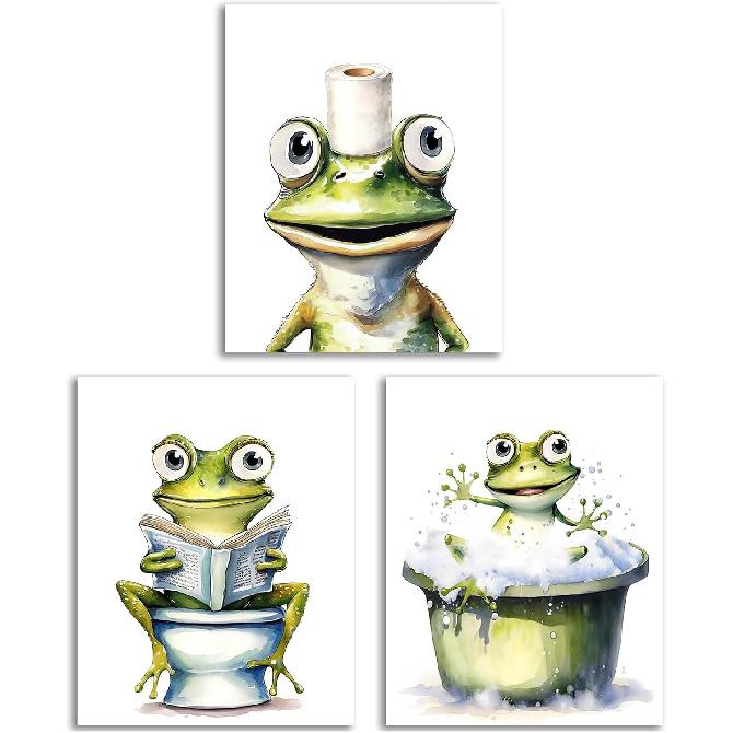 GMLXCX Funny Frog Bathroom Decor Wall Art, Cute Frog Sitting on Toilet Decor Art Poster, Funny Bathroom Sign Canvas Print Set of 3 (8''x10'',