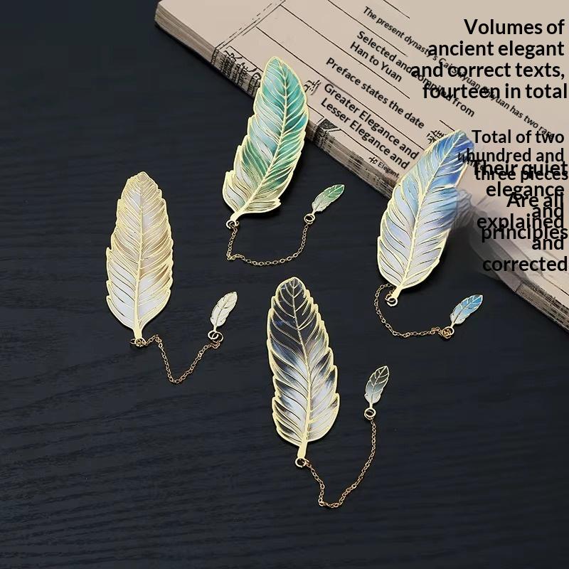 Enamel Feather Metal Bookmark With Gold Trim And Small Pendant Chain Perfect For Book Lovers Reading Gift School Office Use