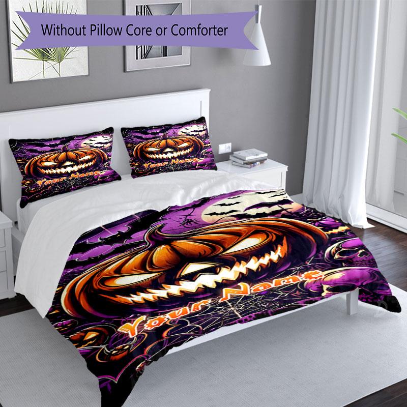 3PC Custom Name Halloween Pumpkin Horror Bedding Set Printed Bedding Set Duvet Cover Closure Includes 1 Duvet Cover & 2 Pillowcases for All Seasons Be