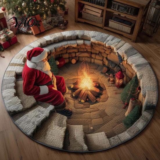3D Optical Illusion Carpet Christmas Rug, Area Round Decorative Entryway Runner Floor Mat, Festive for Indoor Home Living Room Holiday Decoration Rug