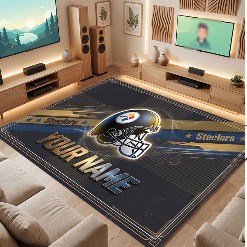 Pittsburgh Steelers Personalized Crystal Velvet Carpet, Customized Name Text Soft Anti‑Slip Rug for Living Room Bedroom