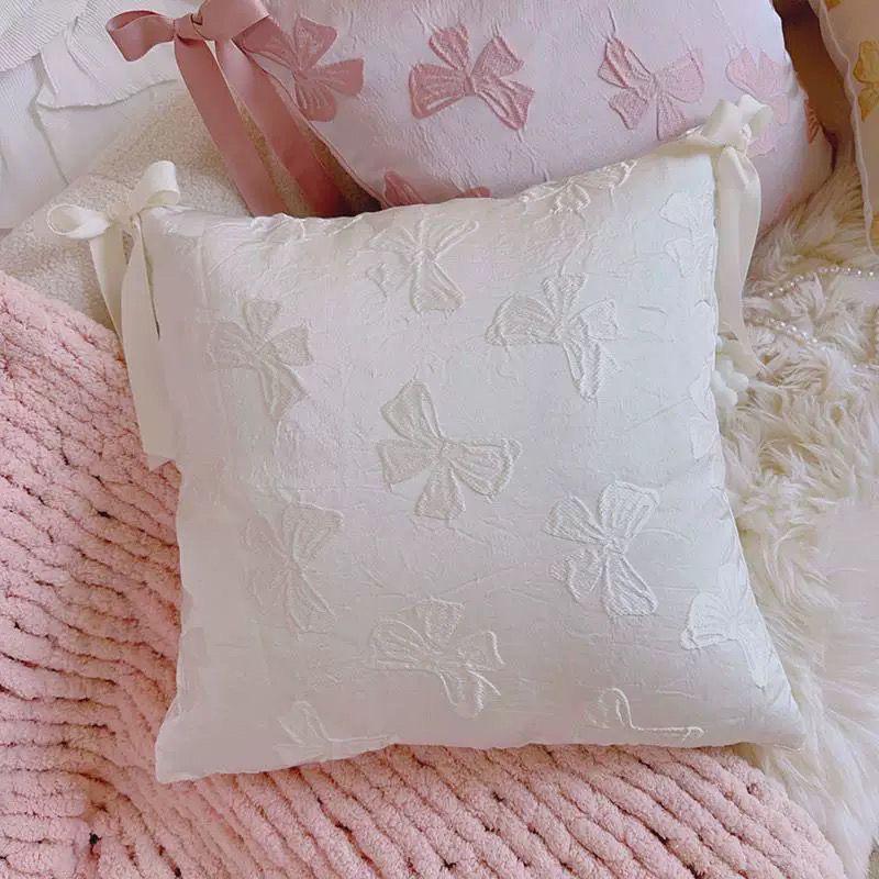 Korean Ins Ballet Style Girl Pink Ribbon Bow Pillow Cream Style Cushion Bedroom Sofa Cushion Cover