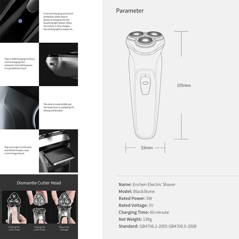 Xiaomi Enchen Black Stone Electric Shaver Smart Control Blocking Protection Razor Black