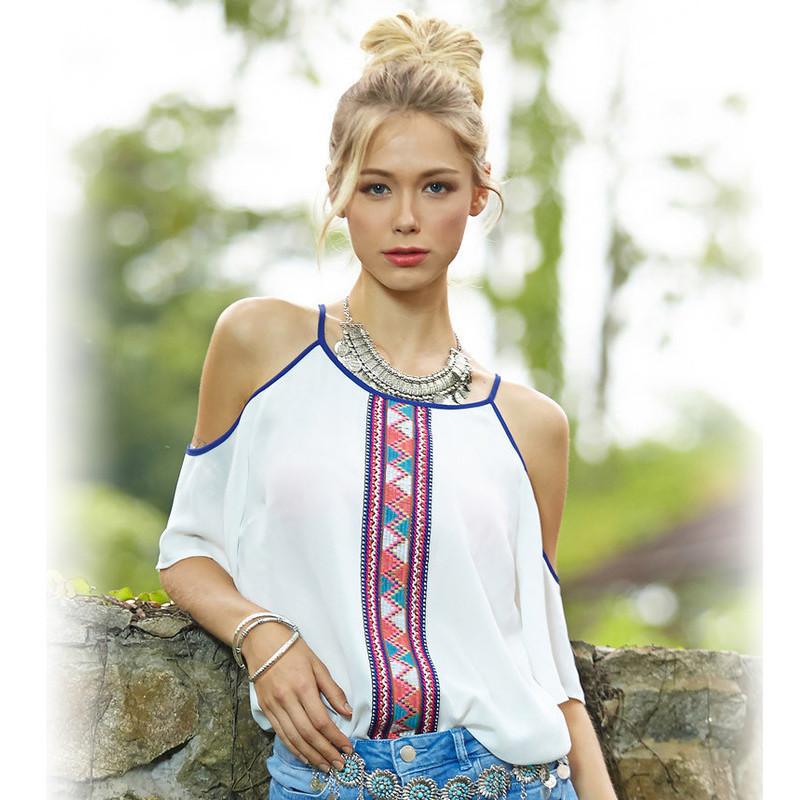 Trendy Casual Printed Off-shoulder Chiffon Blouse For Women Spring 2016