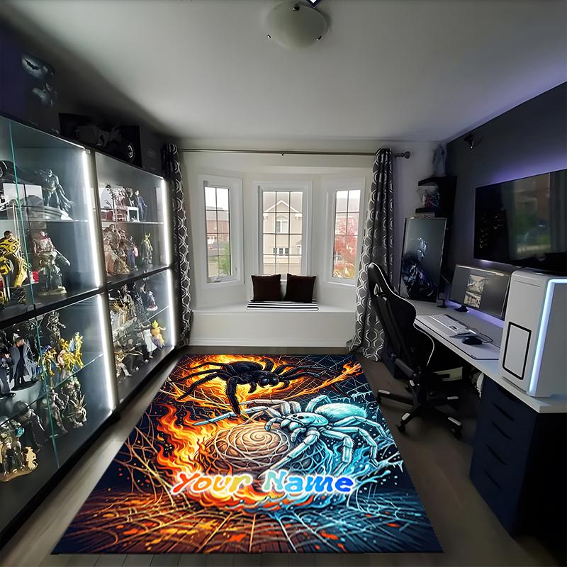 1PC Custom Name Spiders Flames Web Theme Floor Mat Ideal for Living Room, Game Rooms, Office, Bedroom,Floor Mat Playful Design