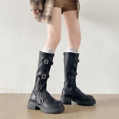 Британский стиль толстый каблук, но до колена рыцарские сапоги женские 2025 осень новые ретро универсальные тонкие милые крутые сапоги с пряжкой