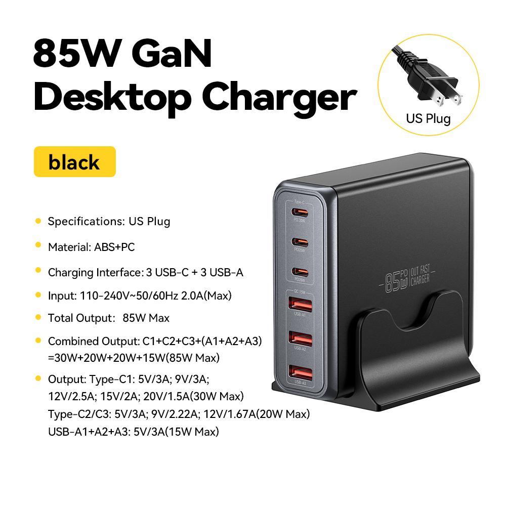 Essager 85W GaN Charger 6 Ports USB Type C Desktop Charger PD Fast Charging Station For iPhone 17/16/15 Samsung S24 Laptop iPad