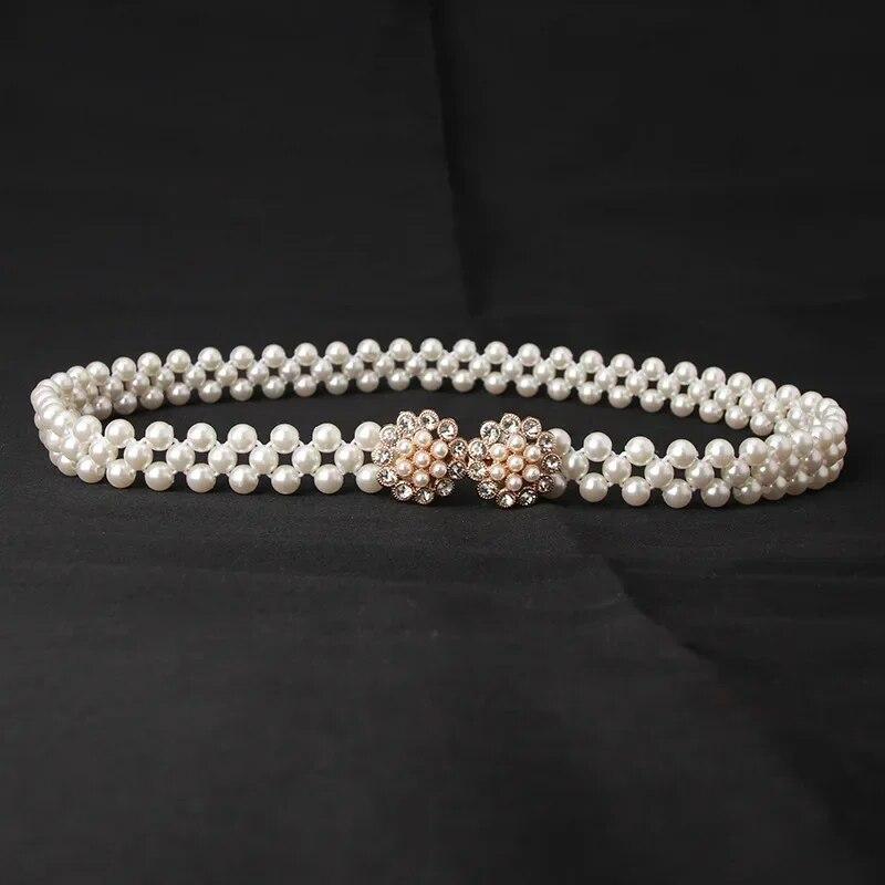 Beautiful Pearl Belts Fashionable White Beaded Pearl Ornament Belt Strong Elastic Cord Belts Woman's Dress Belts