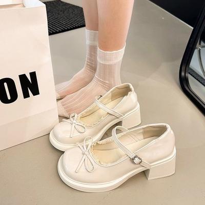 Туфли Мэри Джейн на толстом каблуке женские 2025 осень новая универсальная модель с открытым верхом, шнуровкой и бантом, японский стиль jk, под юбку, из маленькой кожи