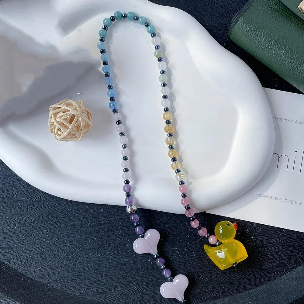 Yellow Duck Double Love Bag Pendant Y2K Charm Beads Keyring Big Size Heart Keychain Woman Lady