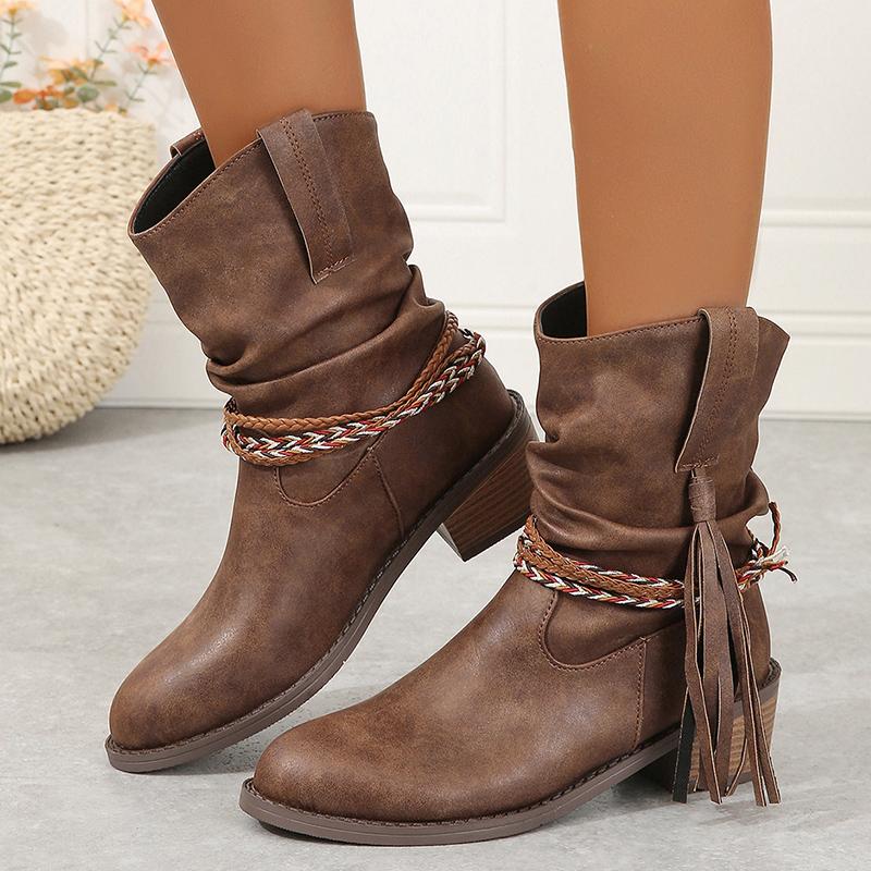 Fashion Pointed Toe Women Snow Ankle Boots Tassels Mid Heels Shoes Leather Chelsea Boots Winter 2024 Trend Chunky Goth Botas De Mujer