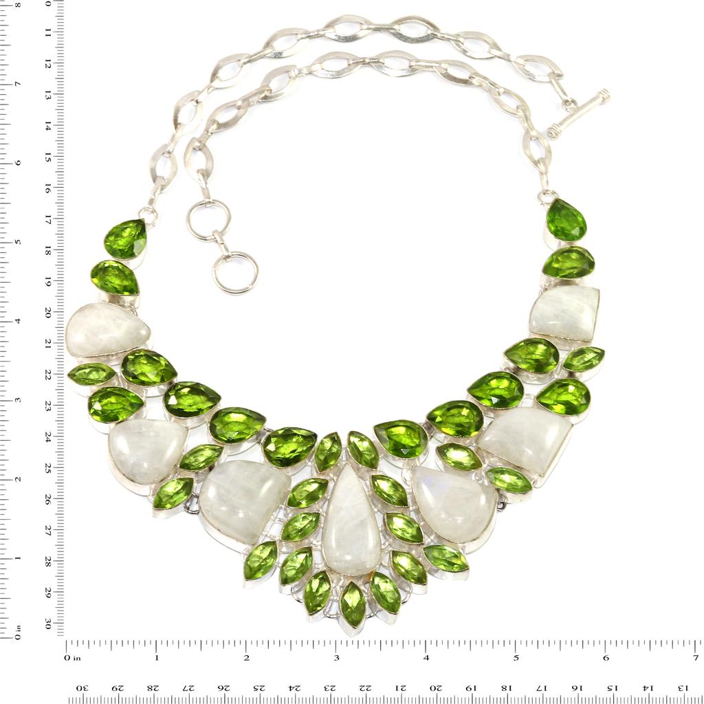 Серебряное ювелирное ожерелье с радужным лунным камнем и перидотом 16-18 дюймов