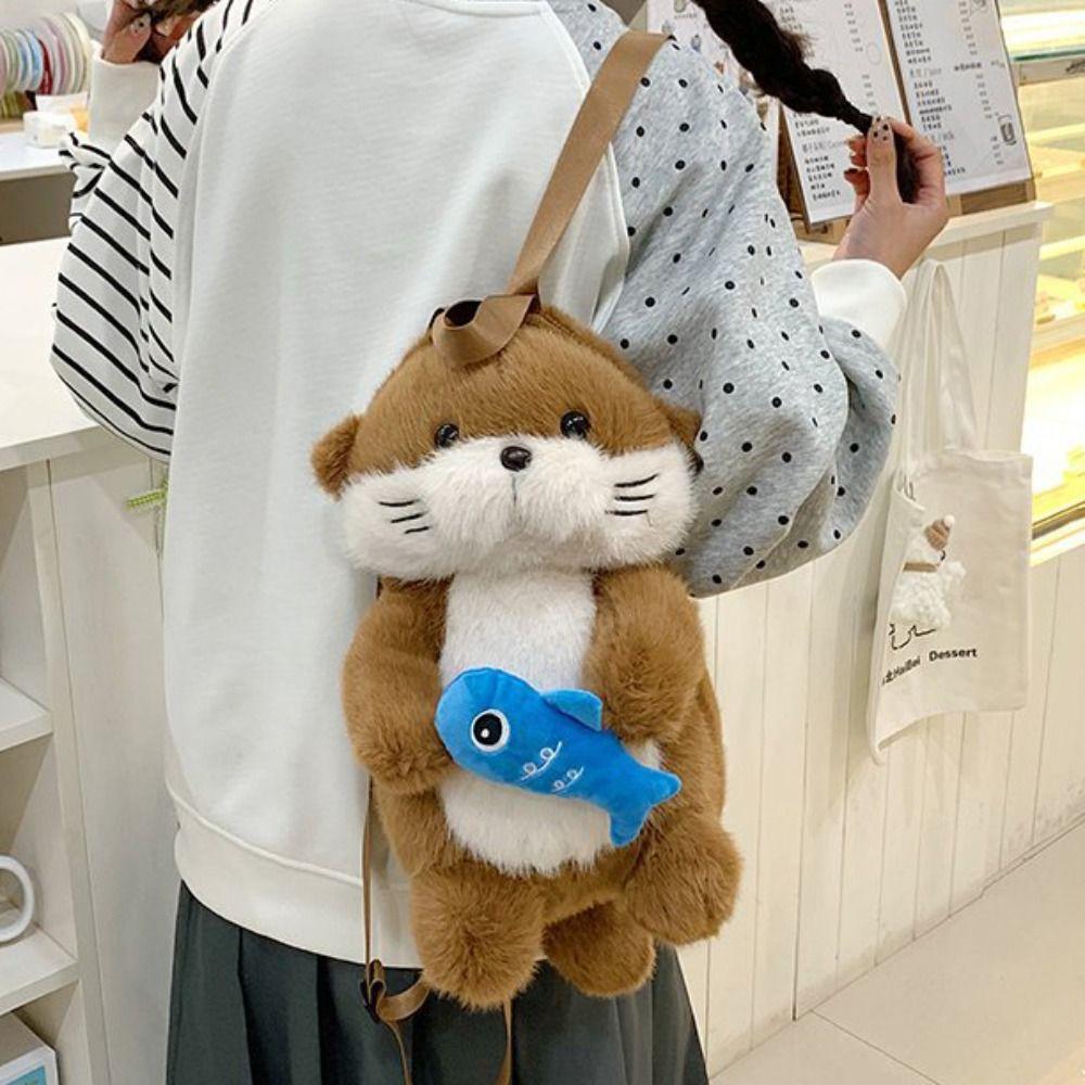 Holding Fish Otter Plush Backpack Realistic Look Student School Bag Shopping