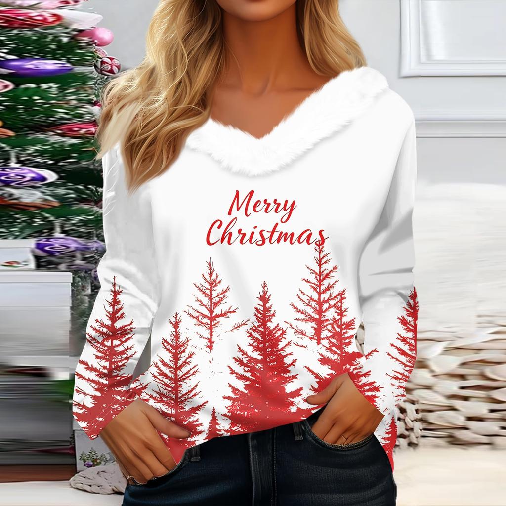Женская мода с длинным рукавом, рождественский принт, плюшевый ворот, V-образный вырез, пуловер, топ