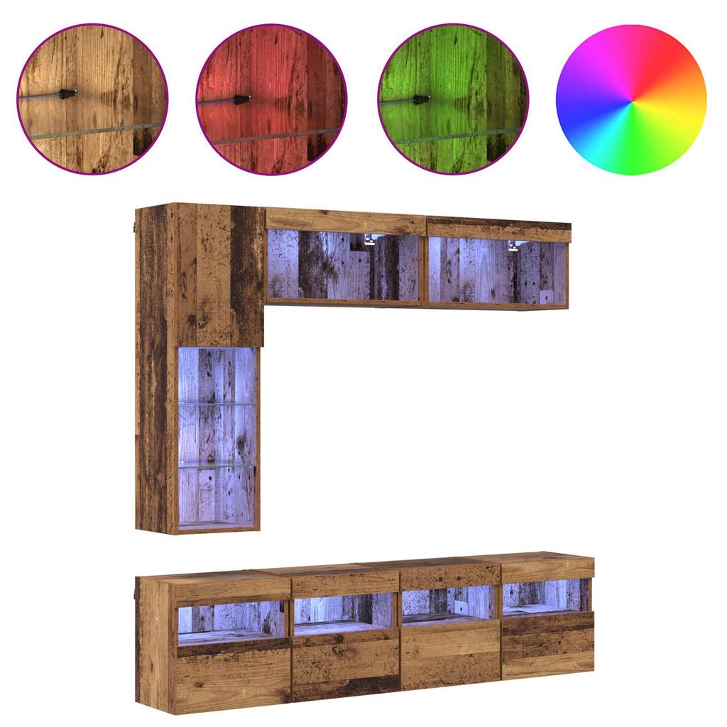 Wall Mounted TV Cabinet with LED Lighting 7 pcs Reclaimed Wood Effect Particleboard