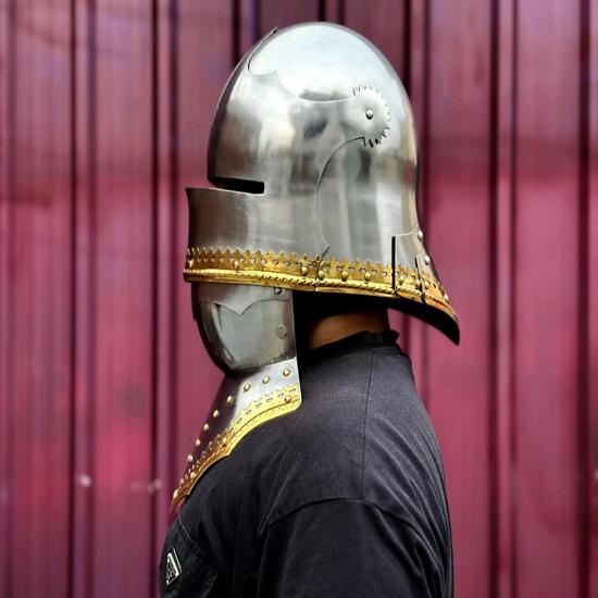 Medieval German Gothic Sallet Helmet 18 Gauge Steel with Brass Trim Knight Armor Helmet for LARP, Cosplay Reenactment