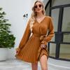 Solid Elegant Spring Dress Women Lace-up V-neck A Line Short Dress Summer 2026 Casual Pleated Long Sleeve Dresses Vestido 25154