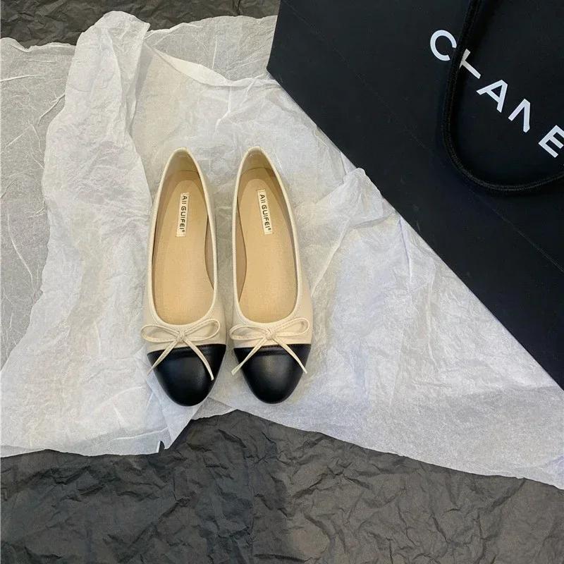 Модная женская кожаная обувь на плоской подошве, модные туфли-балетки с круглым носком и бантом, мягкие мокасины, черные с бежевым, обувь в стиле Лолита