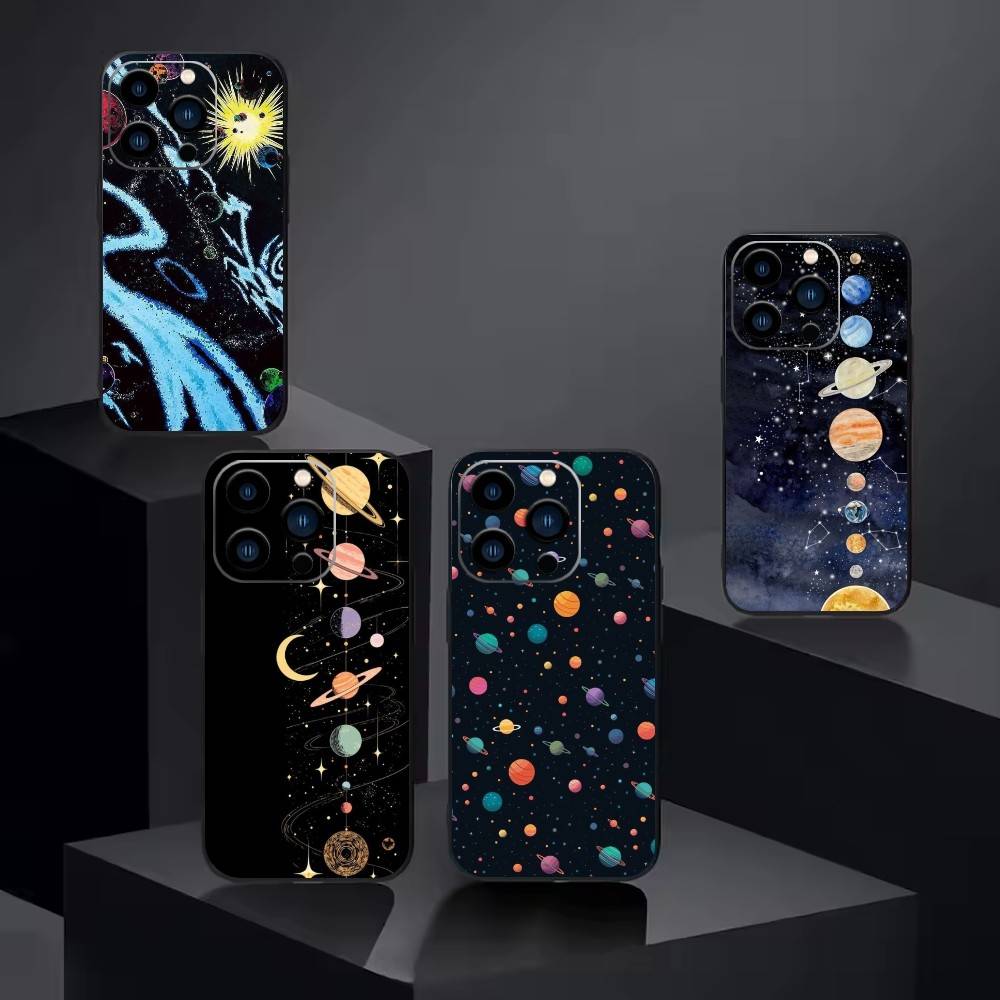 Фантастический пейзаж «Звездная ночь» Чехол для телефона Для iPhone 16,15,14,13,12,17,Pro Max,Plus Силиконовый Черный Чехол