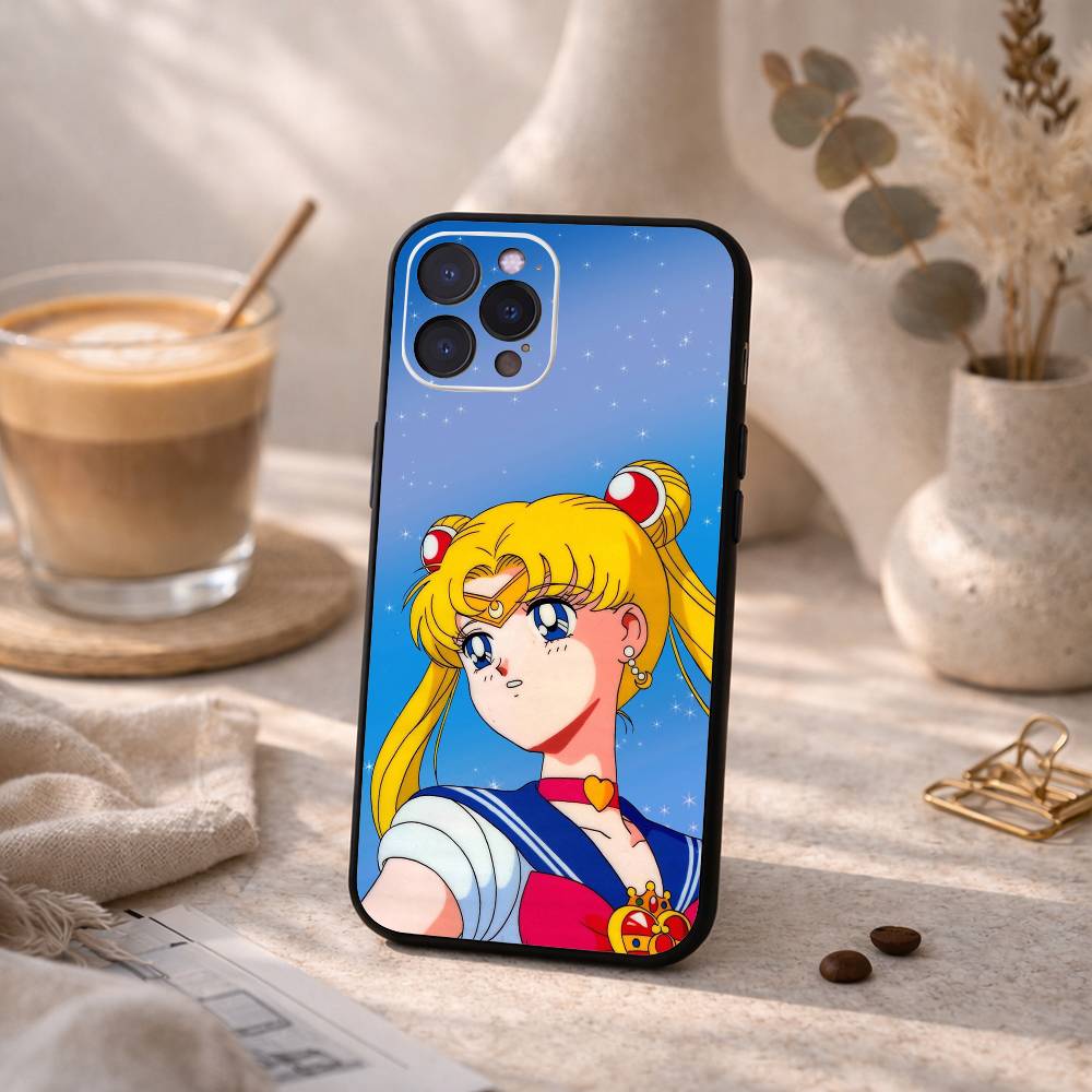 S-Sailor-M-Moon Anime Phone Case For iPhone17 16 15 14 13 12 11 Pro Max Plus,5G Soft Black Case