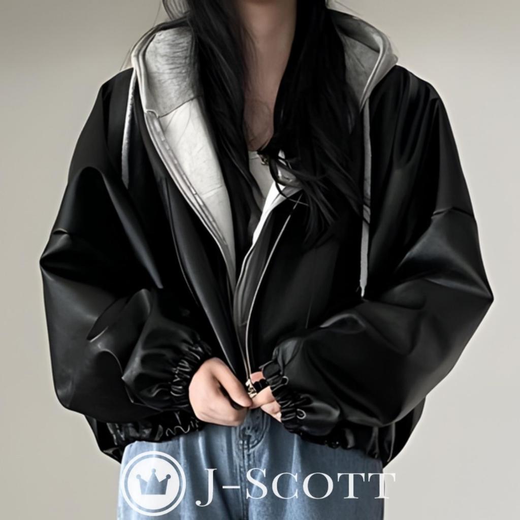 Loose Fit Blouson Faux Leather Volume Loose Leather Body Light Delicate Voluminous Black [J-Scott] Jacket, Sleeves, Zip-up, Lined, Feel, Stand-up