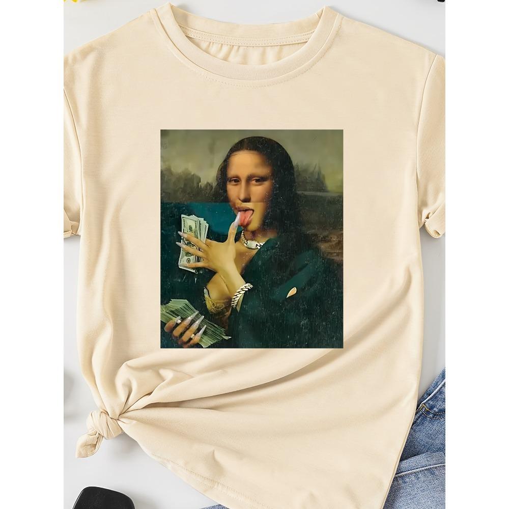 Женские хлопковые футболки с коротким рукавом Mona Lisa Денежный Пародия Женская футболка Забавный Арт Графический Повседневный Черный Топ