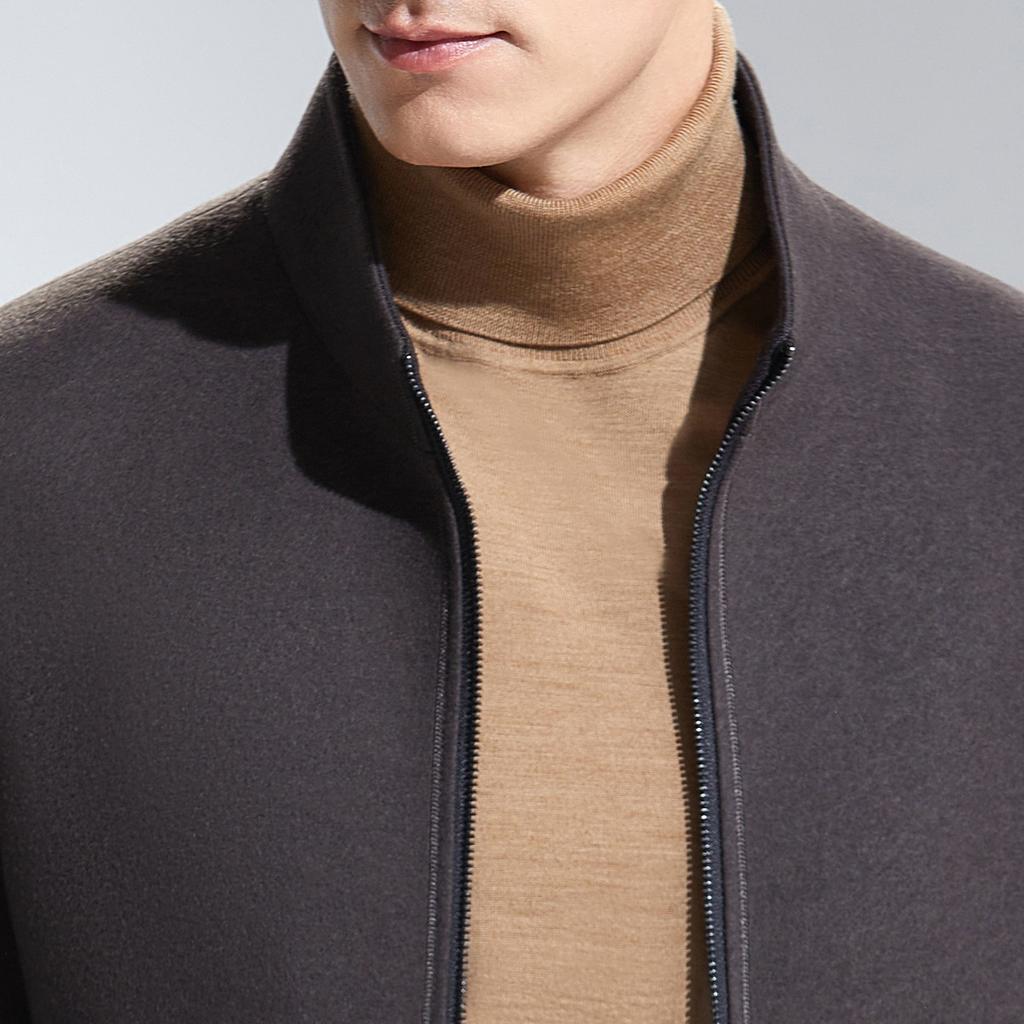 Light luxury stand up collar woolen jacket with thickened cotton and wool, men's solid color business casual autumn and winter warm jacket