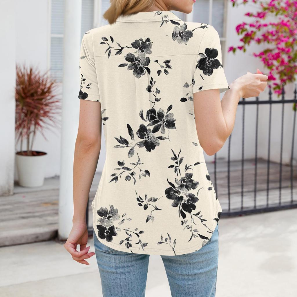 Женские рубашки, летние деловые повседневные рабочие топы с коротким рукавом, застегивающиеся на пуговицы, воротник, V-образный вырез, блузка, футболка