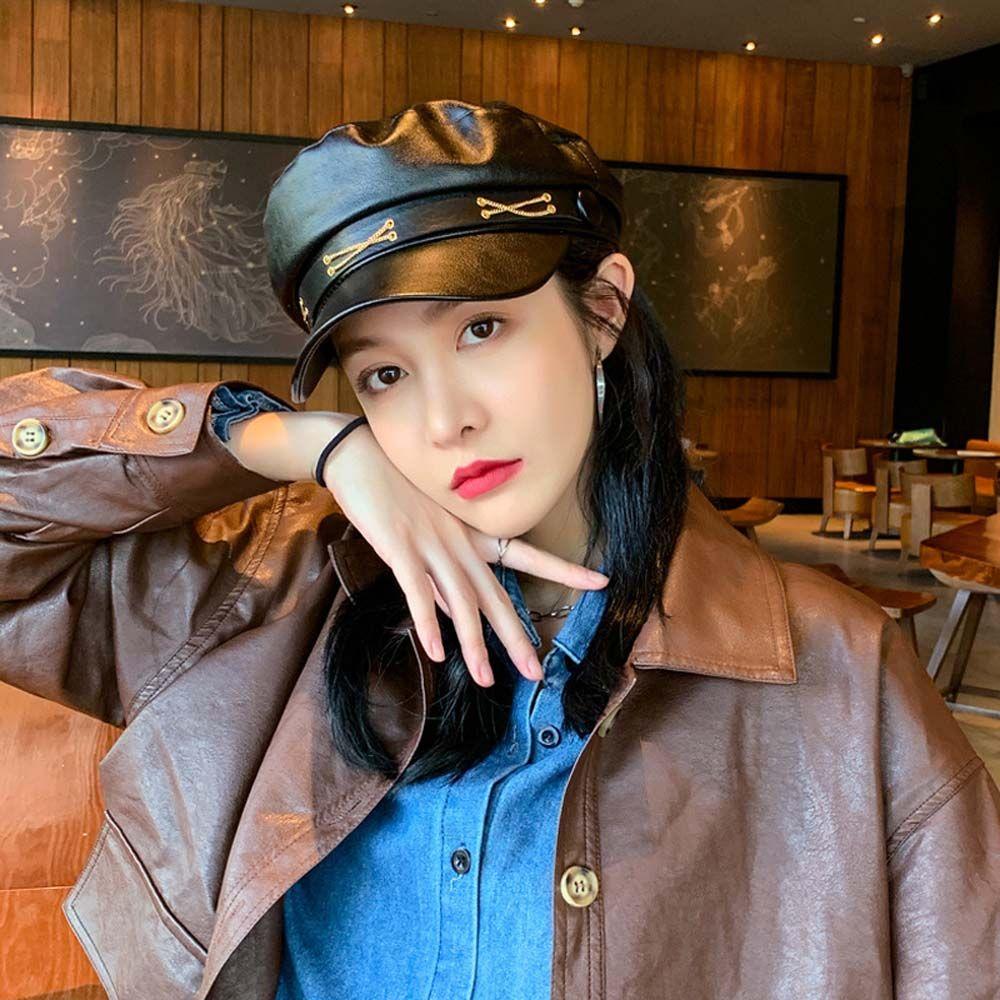 PU Leather Girl British Style Winter Women Berets Painter Cap Korean Style Octagonal Hat Navy Hat