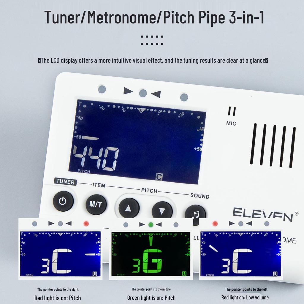 ELEVEN Three-in-One Guitar, Violin, and Bass Tuner with Calibrator & Metronome