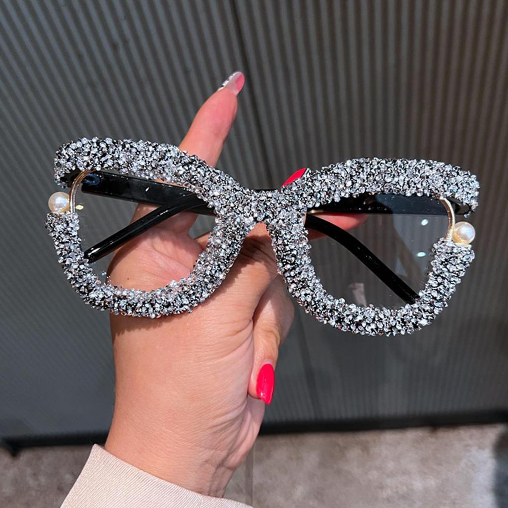 Candy Color Large Frame Pearl Rhinestone Decor Anti-Blue Light Glasses