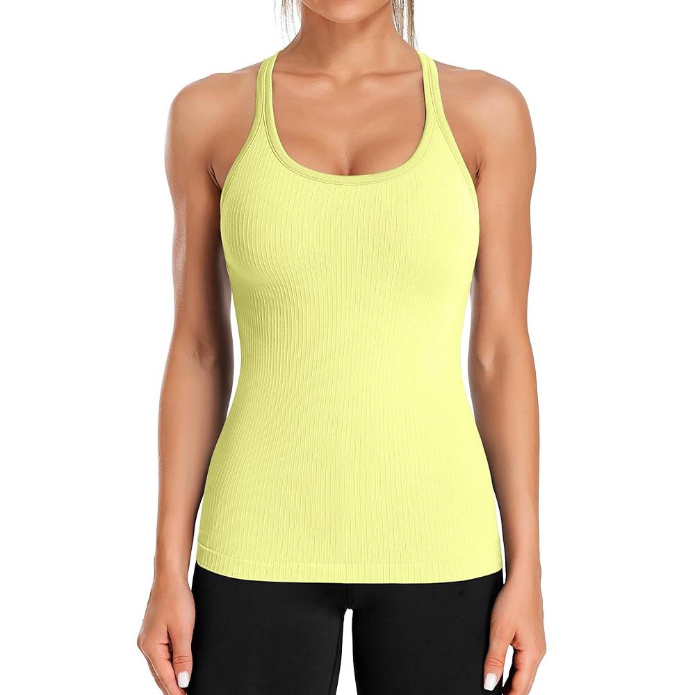 CHARMLEAKS Женские майки для тренировок в рубчик со встроенным бюстгальтером. Плотный спортивный топ с круглым вырезом и борцовкой.