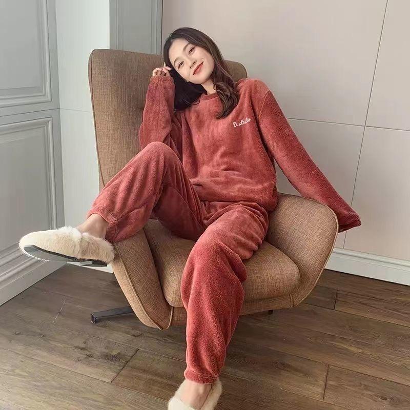 2 шт./комплект женские весенние осенние зимние однотонные пижамные комплекты женские с длинными рукавами повседневные коралловые флисовые утолщенные свободные милые домашние комплекты