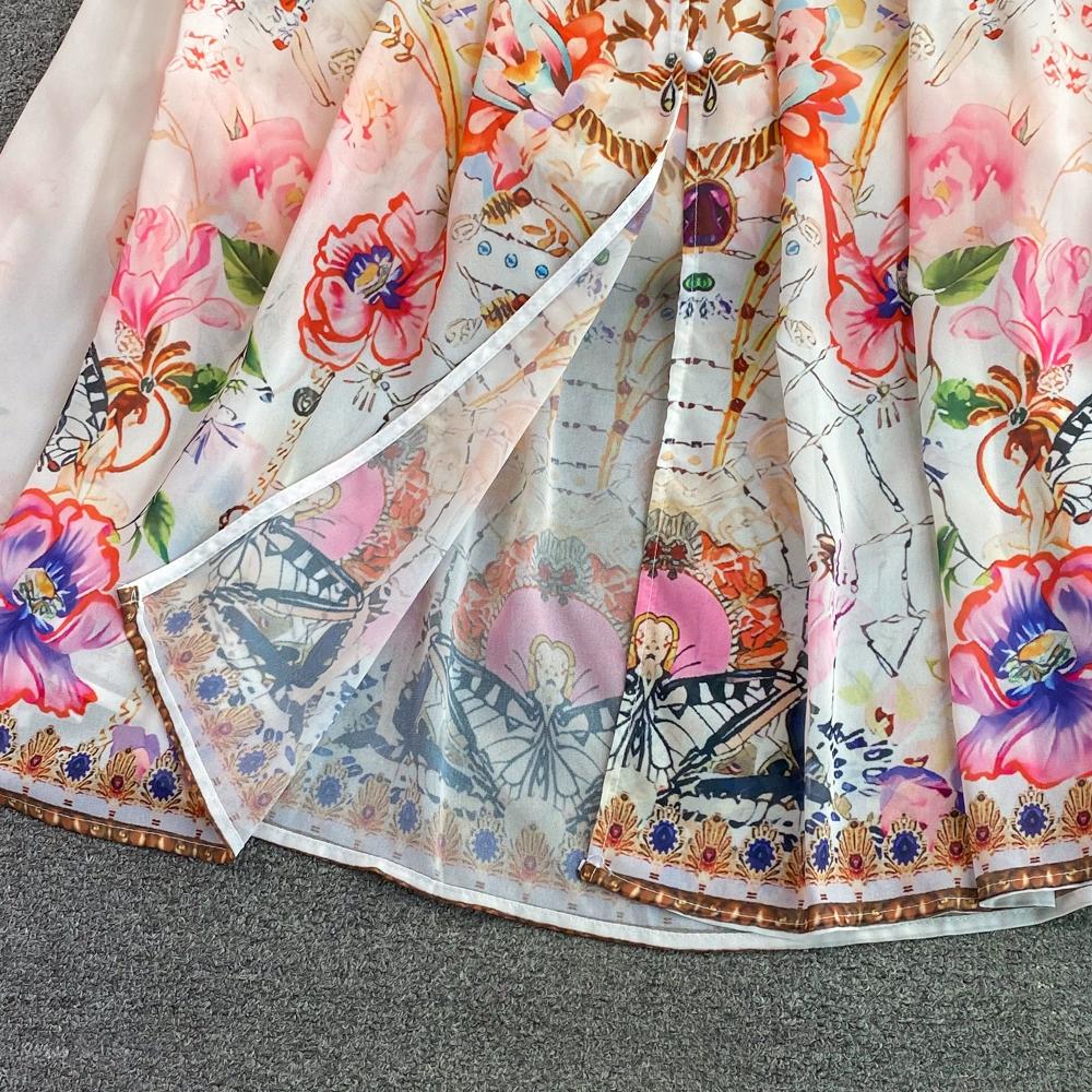 Однобортное свободное платье трапециевидной формы с длинными рукавами и V-образным вырезом на талии и принтом Temperament