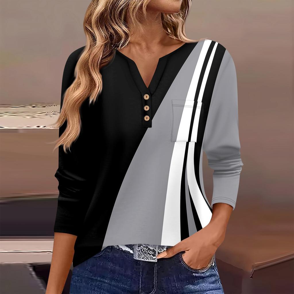 Женская футболка с длинным рукавом на пуговицах, повседневная, выходного дня, модная, базовая, с V-образным вырезом, обычная, с карманом