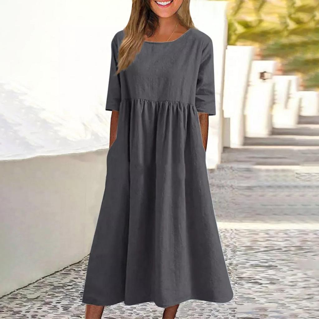 Women's Summer Solid Color Round Neck Half Sleeve Casual Long Solid Color Dress