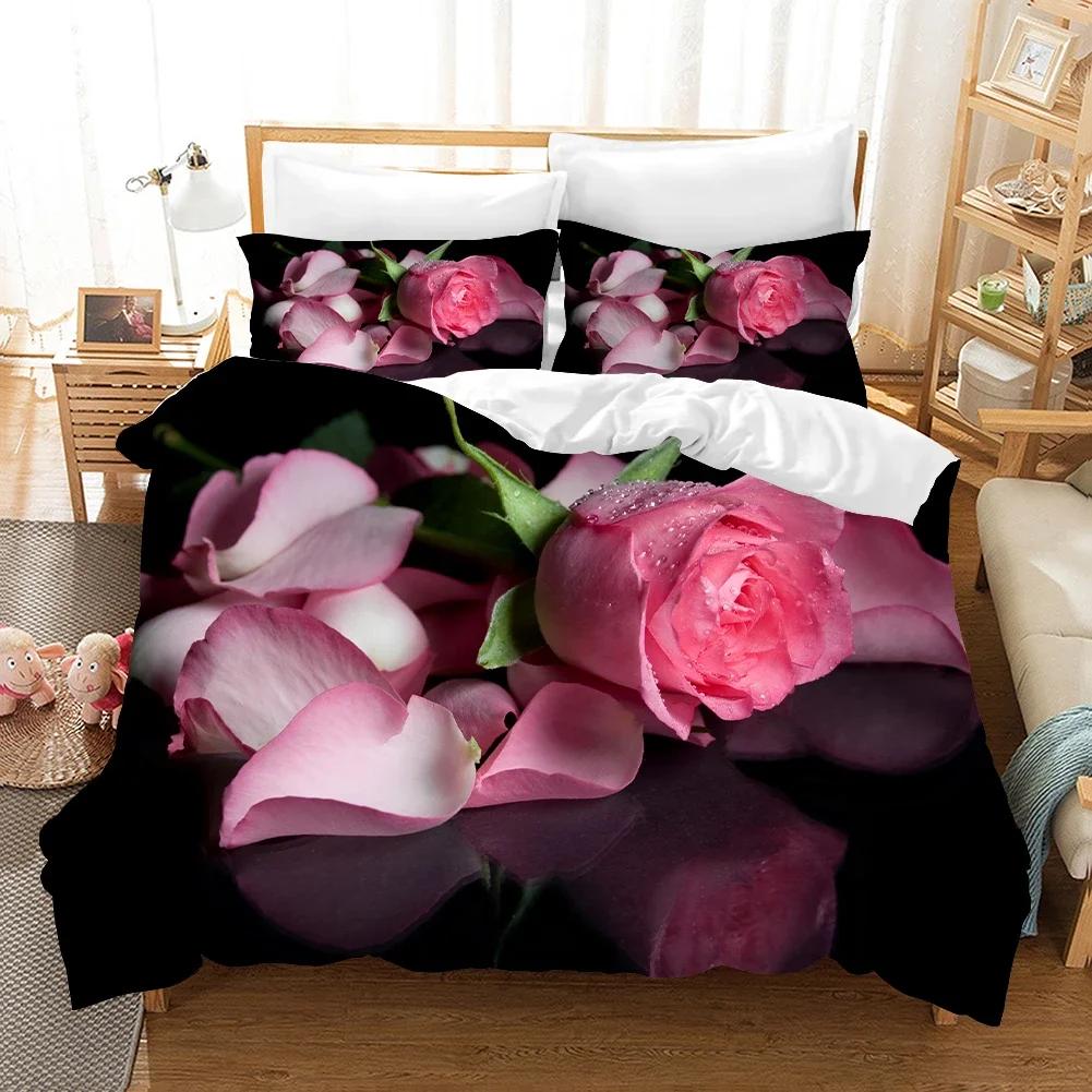 3D Rose Flower Duvet Cover Queen King Double Bedding Set 2/3pcs Quilt Cover with Zipper Closure King Size Polyester Quilt Cover