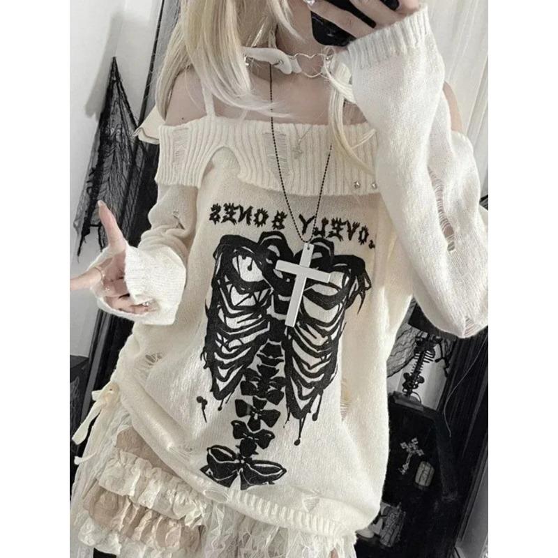 Y2k Harajuku Готические вязаные пуловеры для женщин японская мода сексуальный череп с открытыми плечами в стиле панк для девочек свободный свитер с отверстиями
