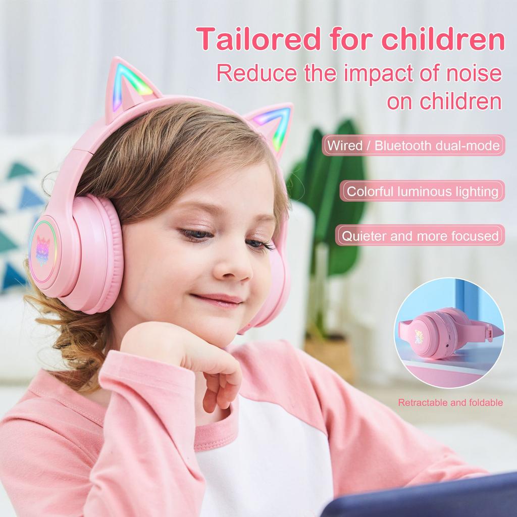 B90 Bluetooth кошачьи наушники, беспроводной и проводной режим складная гарнитура с микрофоном, RGB светодиодная подсветка, для девочек школьные игровые мобильные телефоны ПК планшет