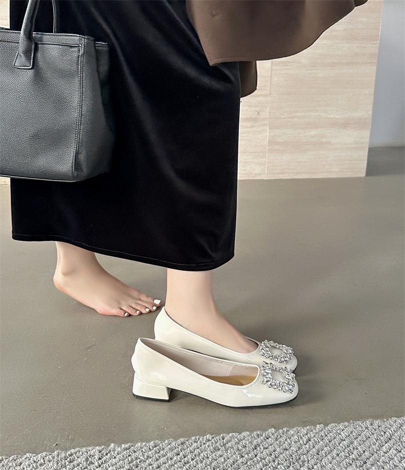 Temperament Rhinestone Square Buckle Single Shoes Fairy Shoes 2025 Korean Version Inner Height Increase One Pedal Commuter Shoes