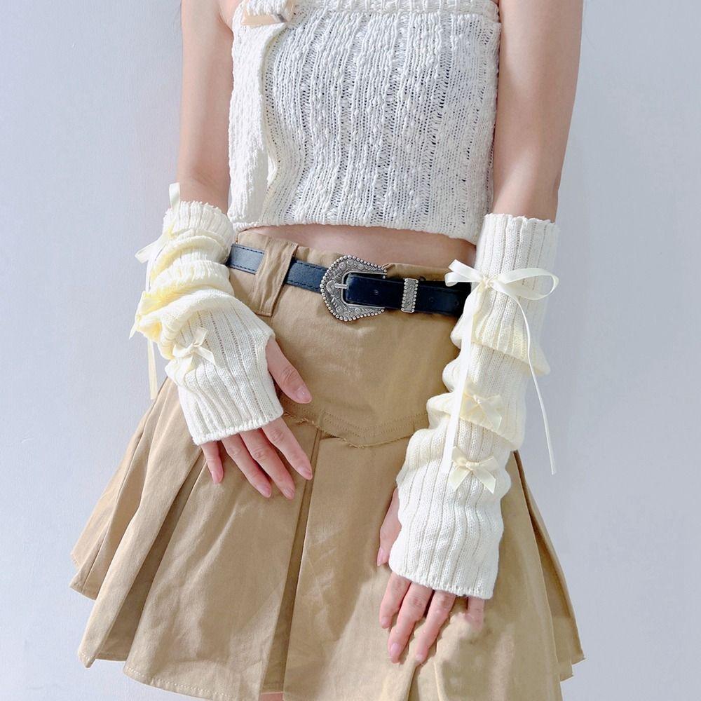 Бантик Y2K Теплые рукава Эластичные перчатки без пальцев Вязаные гетры с бантом в балетном стиле Лолита