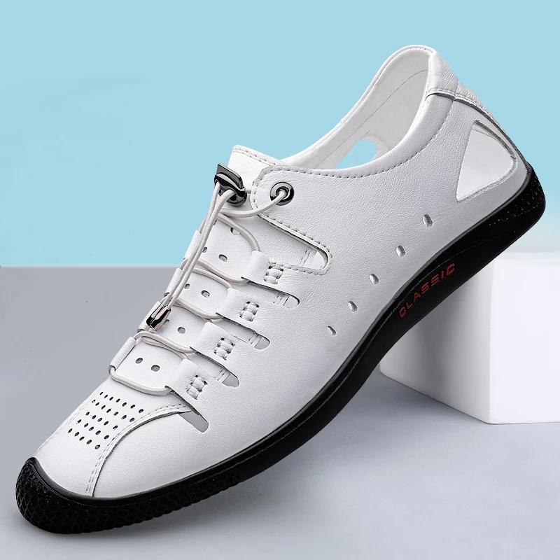 Fashion Summer New White Leather Hollow Out Sandals Breathable Comfort Men Beach Shoes Fashion Soft Sole Male Flat Casual Leather Loafer