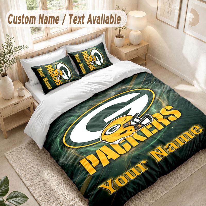 Custom Name Bedding Set 3 PiecesGreen Bay Packers Print Duvet Cover + 2 Pillowcases Soft Bed Decor