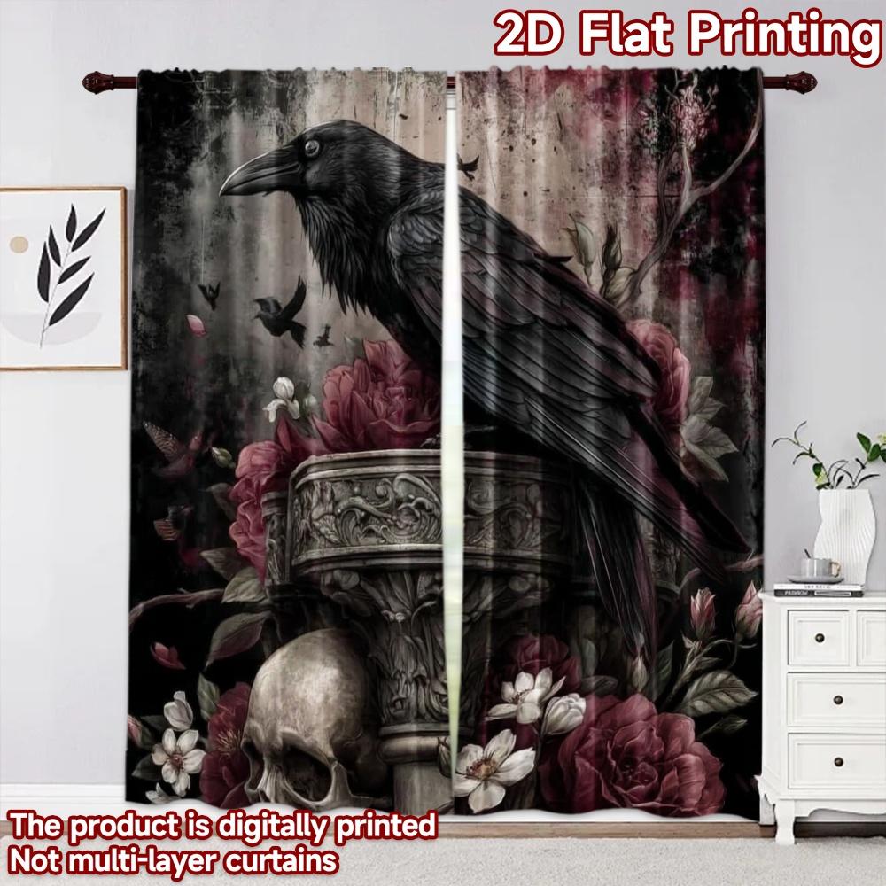 2D flat printing 2pcs Curtain Curtains Halloween Raven and Skull(1) Digital Printed Polyester Drapes Festive Curtains Perfect