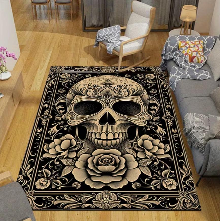 Living Room Rug Dark Gothic Skull & Rose Style Theme Carpet Non-Slip Soft Easy Clean Trendy Personalized Area Home Decor Mat