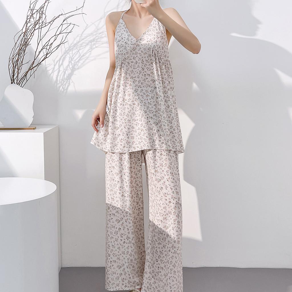 Sweet floral suspender anti-bump backless pajamas women's summer with chest pads cotton silk can be worn outside loungewear suit thin