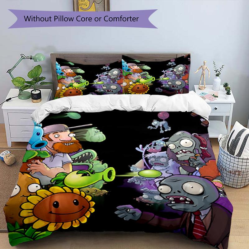3pcs Duvet Cover Set (1*Duvet Cover + 2*Pillowcase, Without Core), Plants vs. Zombies Print Bedding Set, Bedroom Decor, All‑Season, Birthday Gift